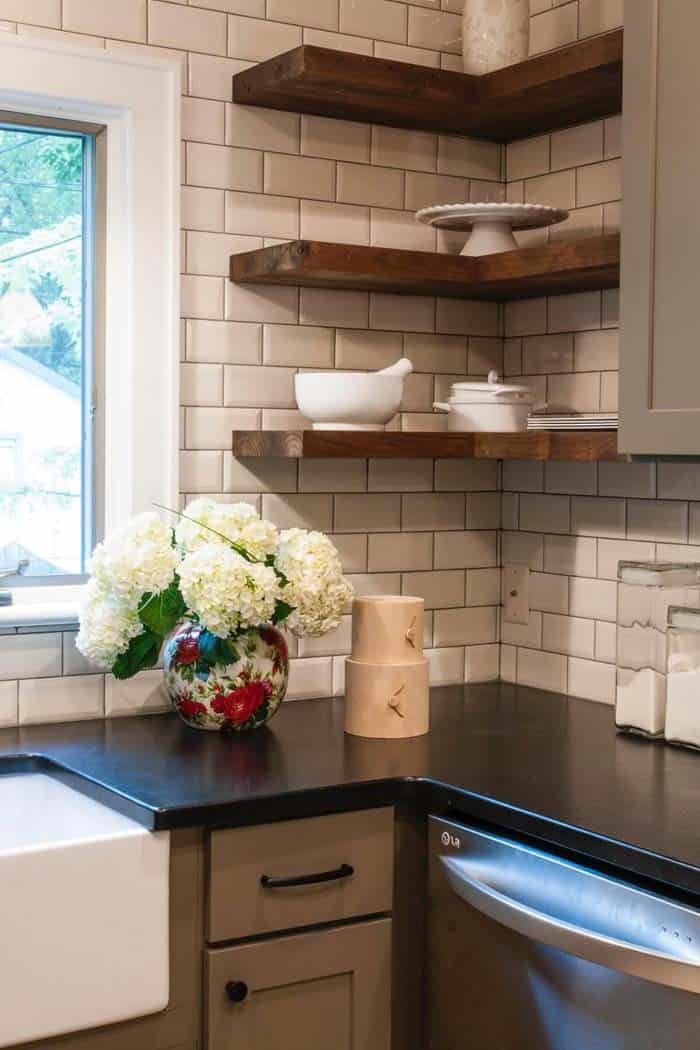 Subway Tile With Wood Corner Shelves