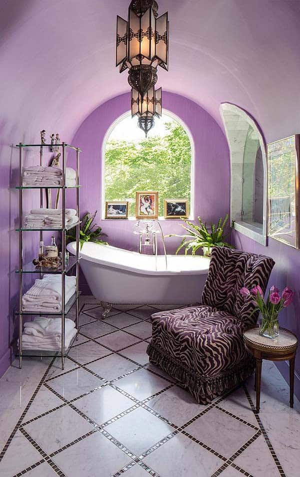 Bring a Mediterranean Vibe to an Elegant Purple Bathroom