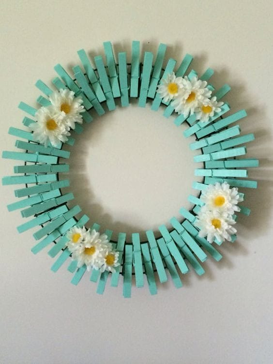 Handcrafted Teal Clothespins Wreath with White Daisies