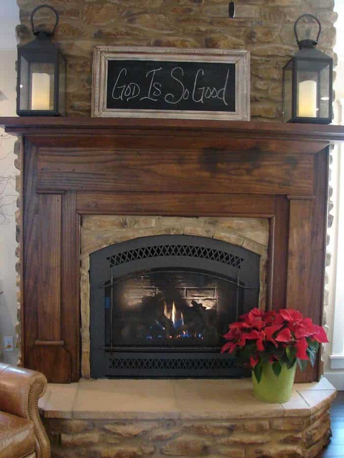 Authentic Cabin Fireplace with Carved Mantel Ornaments