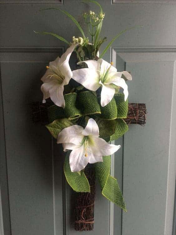 Decorate an Easter Cross will Lilies and Burlap