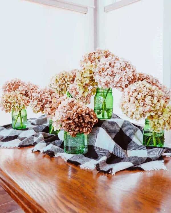 Dried Hydrangeas in Green Glass Jars