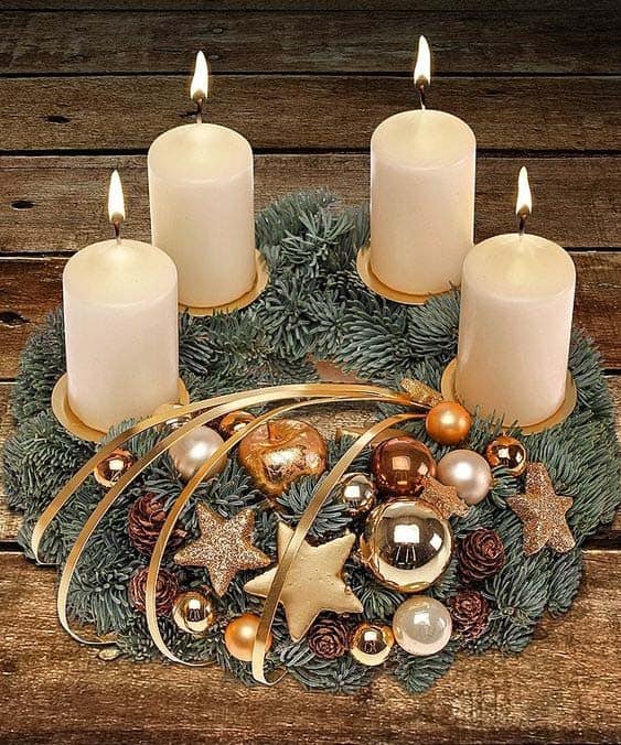 Illuminate Decor with Gold Ornaments Wreath and Candles