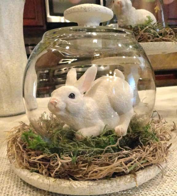 Rustic Easter Decor with Fishbowl Nest and a Bunny