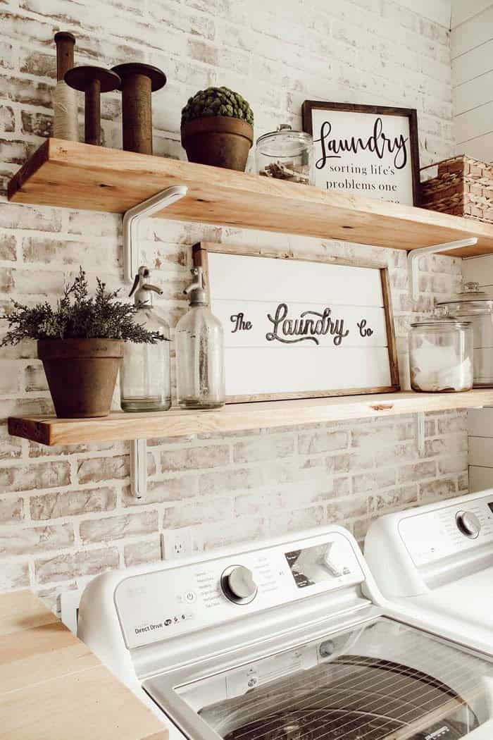 Add Texture to a Laundry Room Walls with Floating Shelves