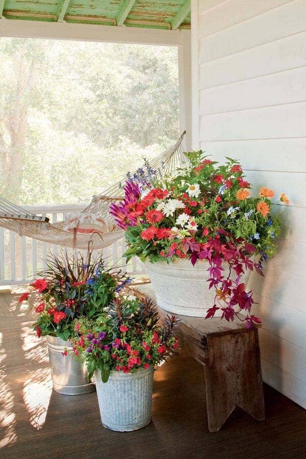 Rustic Elegance with Whitewashed Metal Porch Planters