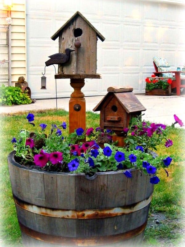 Build Rustic Birdhouses on Your Wine Barrel Planter