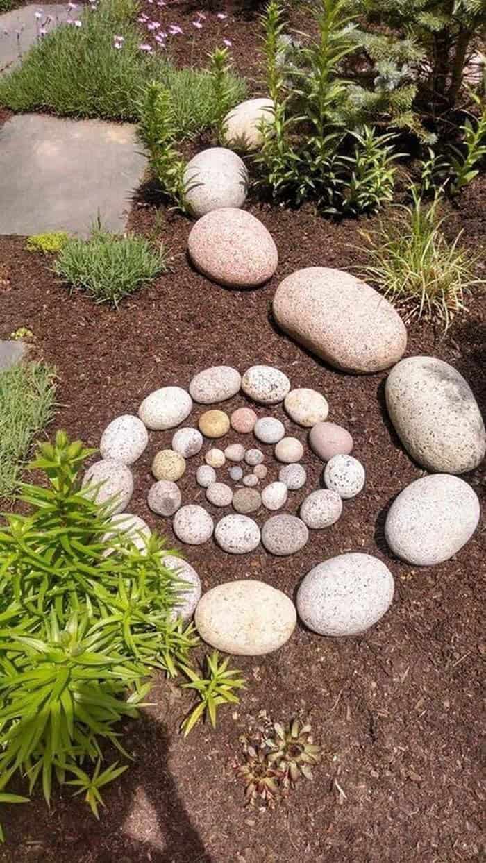 Different Sized River Rocks Form a Spiral in Mulch