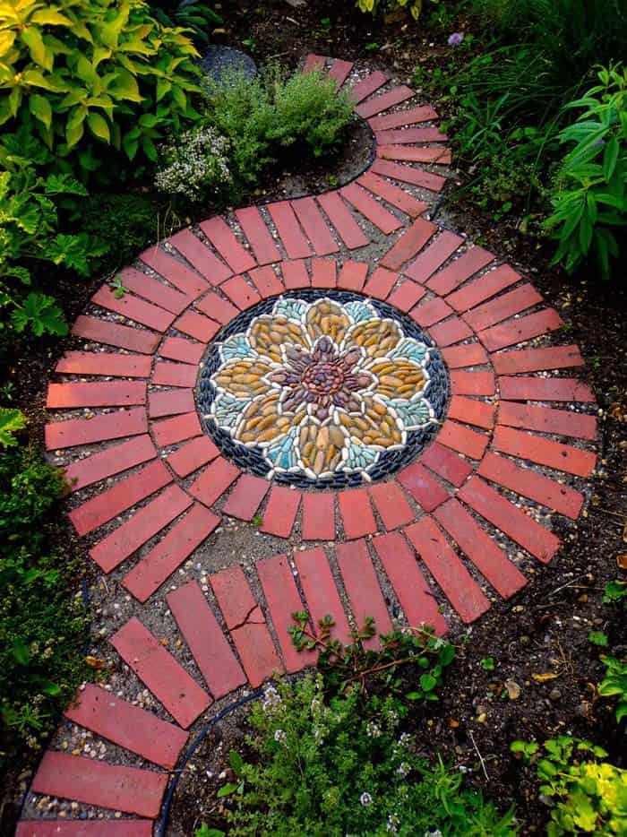 Rustic Mandala Walkway with Mosaic Stepping Stones