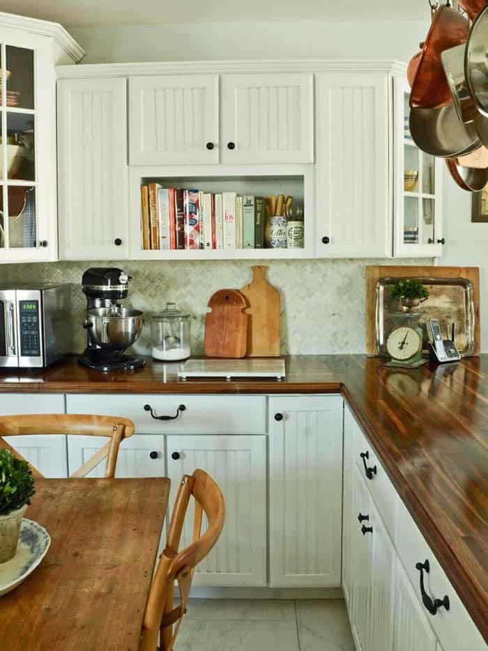 White Beadboard Cabinets with Wooden Countertops