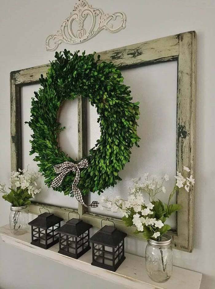 Adorn a Boxwood Wreath with a Recycled Window Frame