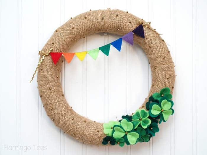 Decorate Burlap Wreath with Shamrocks and Rainbow