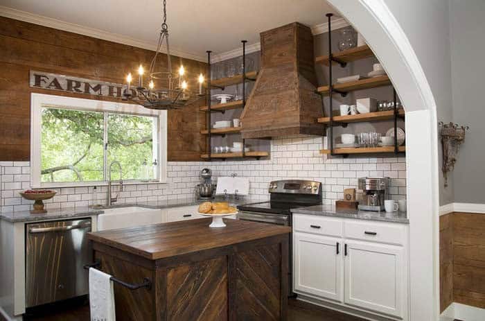 Rustic Kitchen with Striking Dark Wood and White Cabinetry