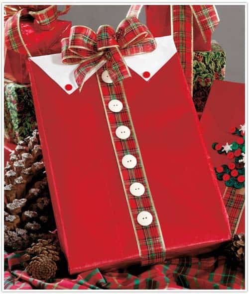 Make a Christmas Shirt Gift Wrap with Buttons and Ribbons