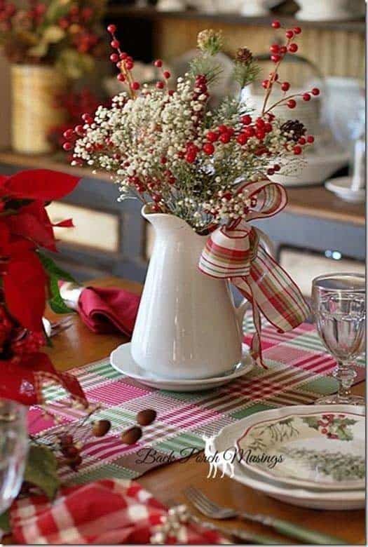 White Pitcher Christmas Centerpiece with Holly and Ribbon