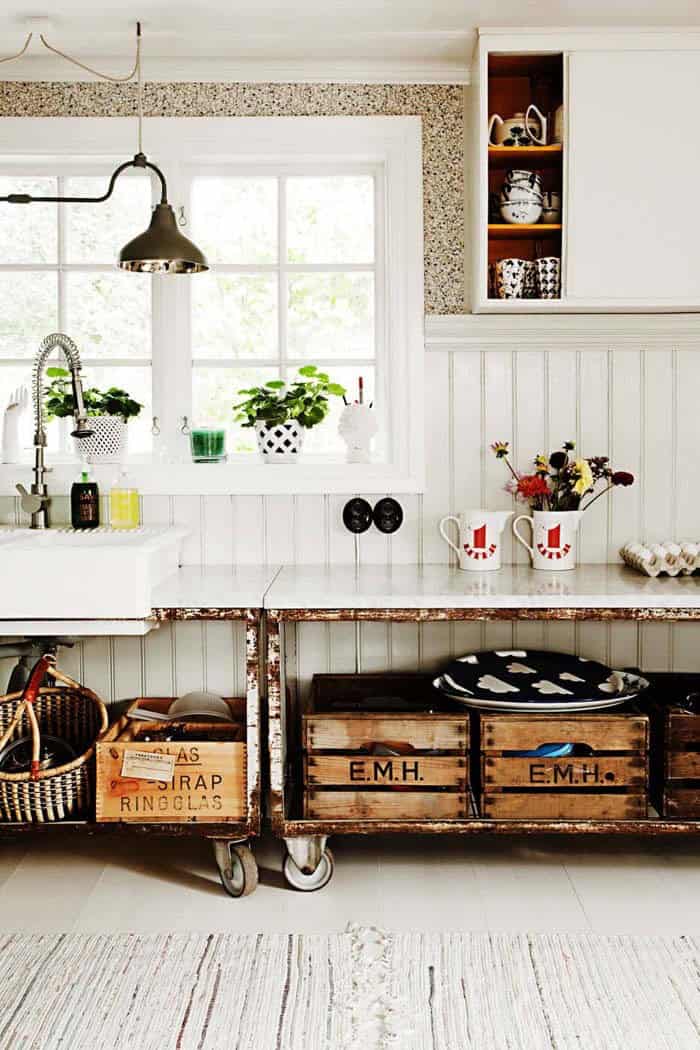 Eco-Friendly Kitchen Design with Carts and Crates for Storage