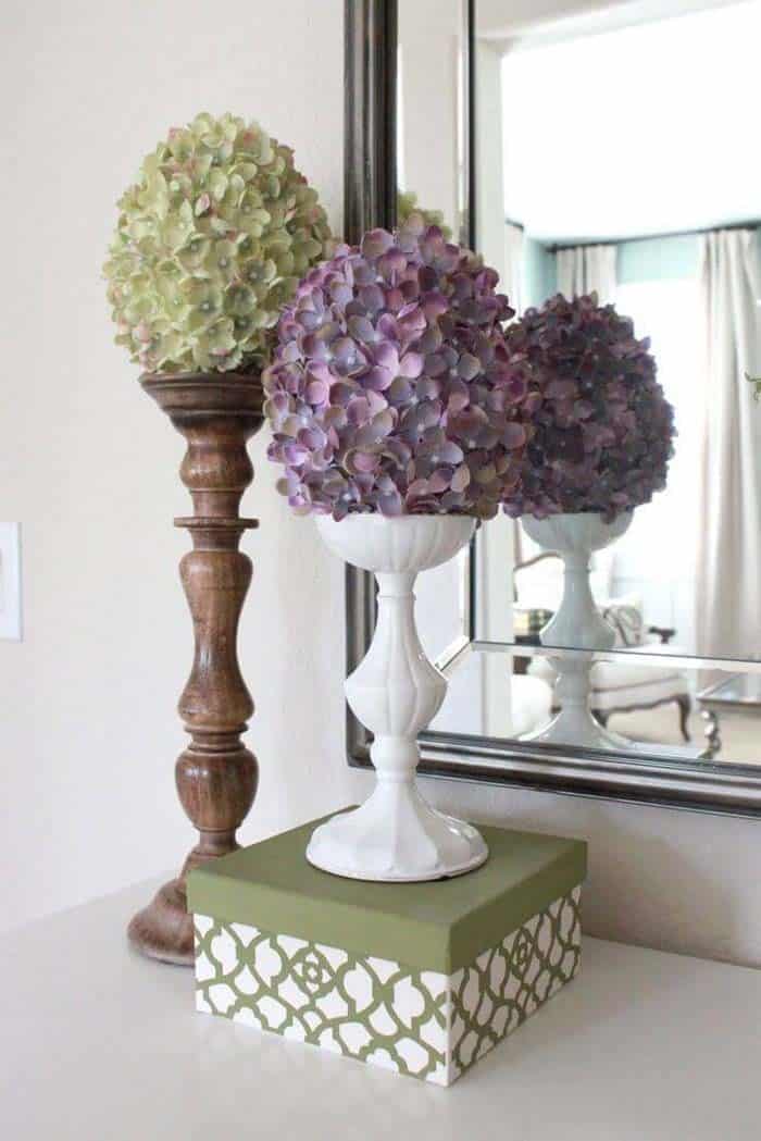 Large Hydrangea Blooms On Antique Candlesticks