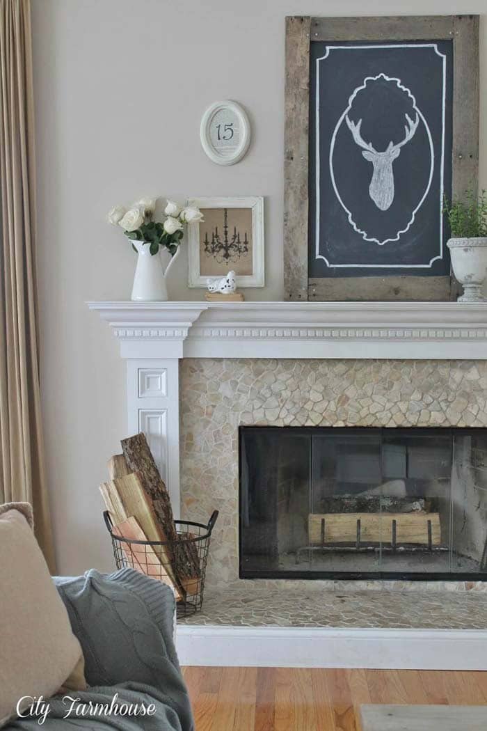 Upgrade a Mantel with Wire Basket Logs and Chalkboard Sign