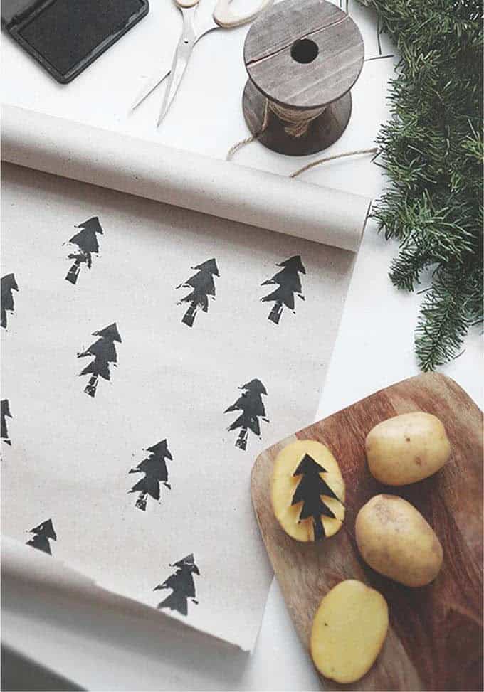 Decorate Wrap Paper with Potato Stamp Christmas Trees