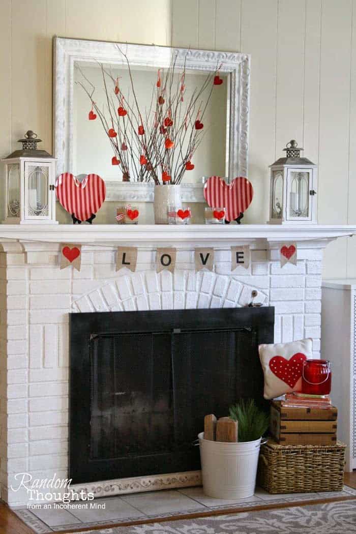 Red Mantel with Heart Plates and Grapevine Tree