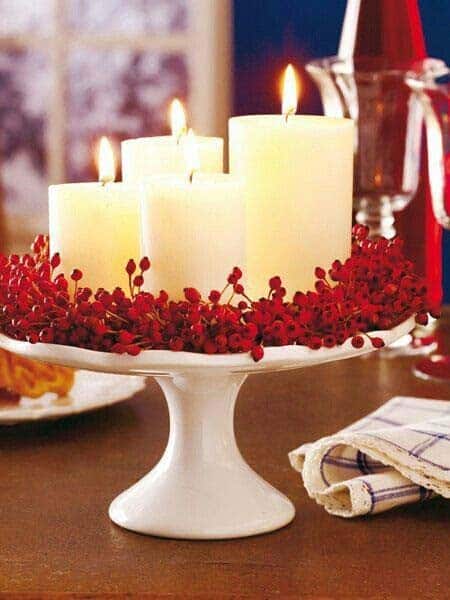 Christmas Cake Stand Centerpiece with Holly and Candles