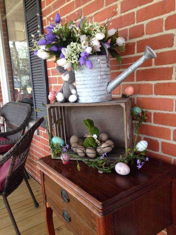 Galvanized Watering Can Planter with Egg Accents