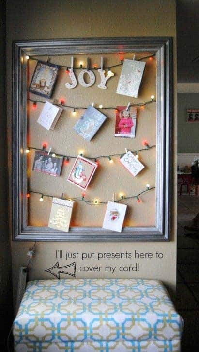 Hang Framed Christmas Cards on Christmas Lights