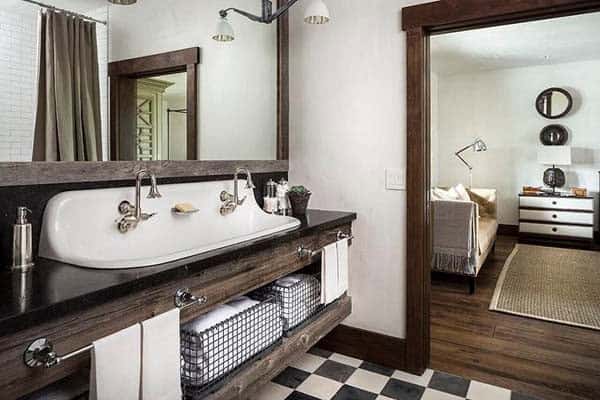 Make Bold Statement with Dark Wood Vanity and Trough Sink