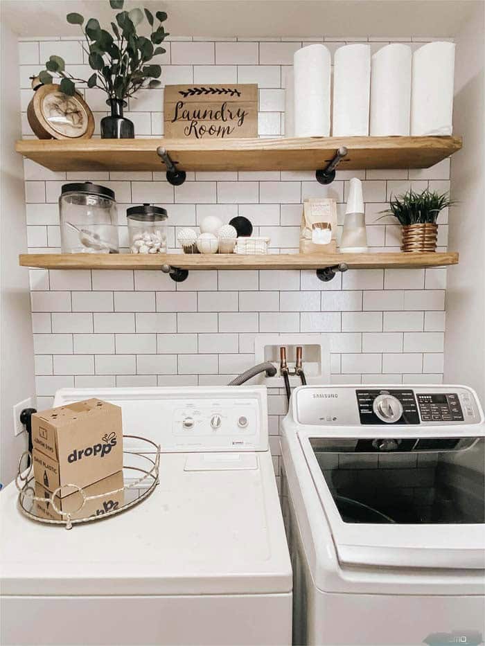 Natural Wood And Subway Tile Laundry Space