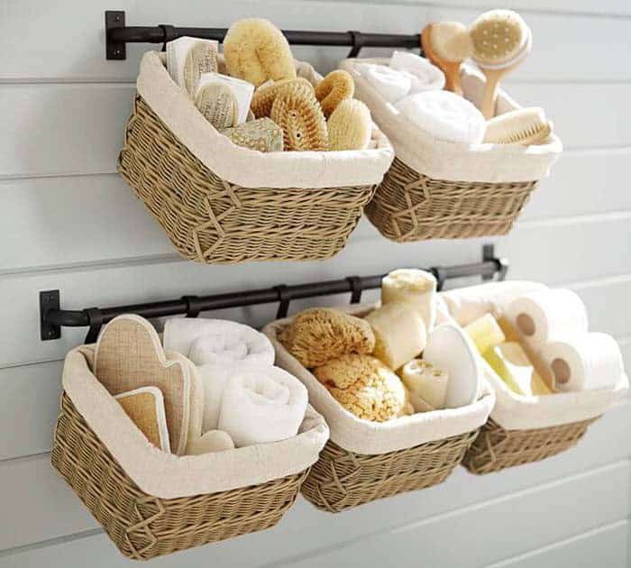 Farmhouse Charm with Hanging Woven Bathroom Baskets