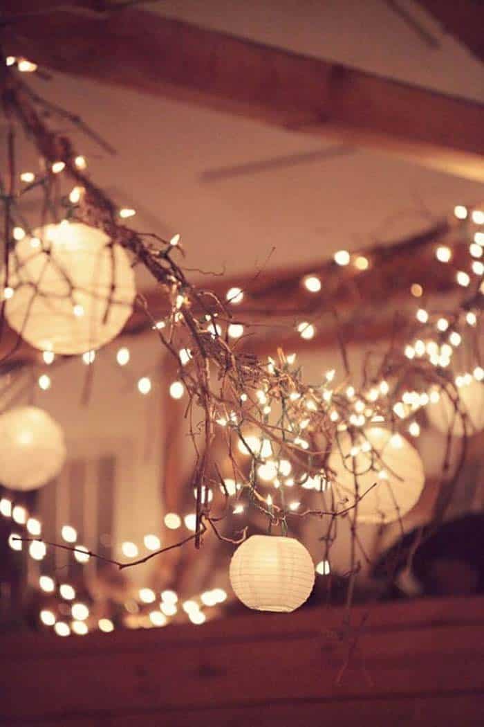 Natural Grapevine Twinkle Lights With Paper Lanterns