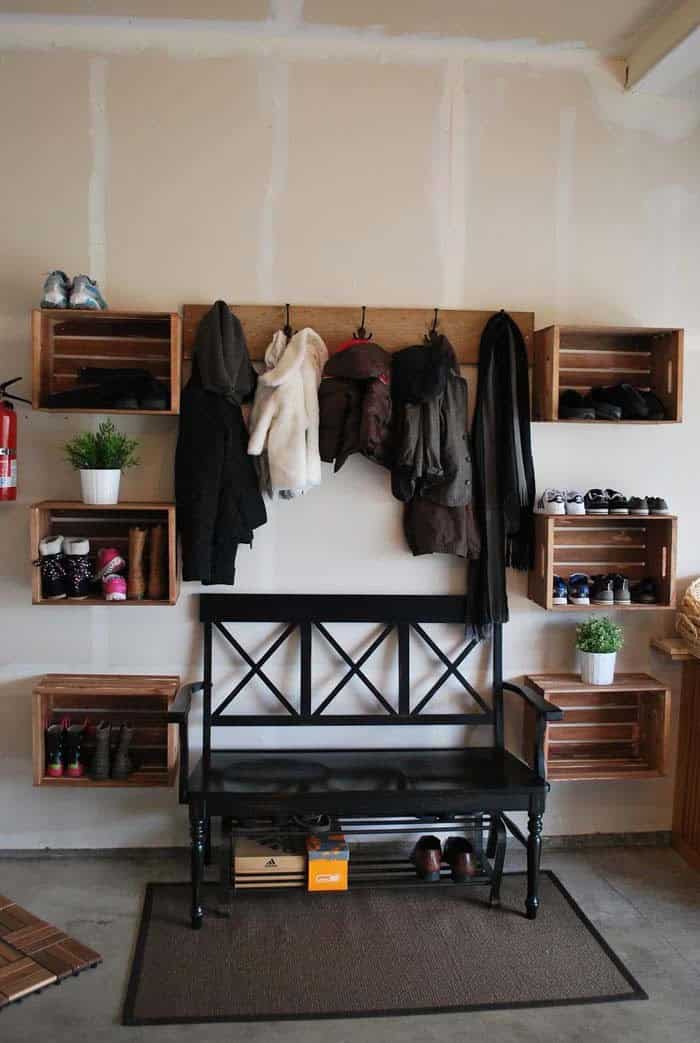 Utilize Storage in a Narrow Mudroom with Wall-Mounted Crates