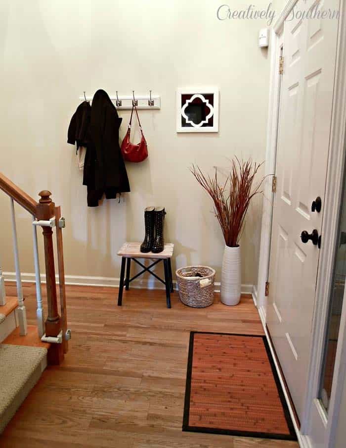 Add a Rustic Vibe to Entryway with a Stool and Seagrass Basket