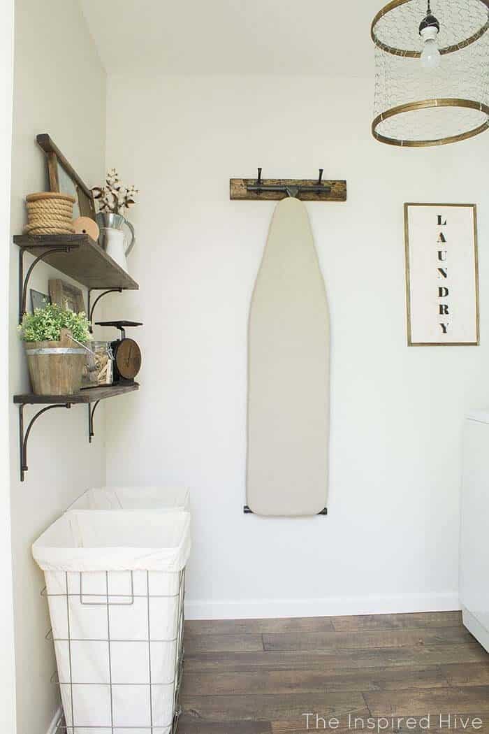 Airy Laundry Room with Stained Shelves and DIY Light Feature